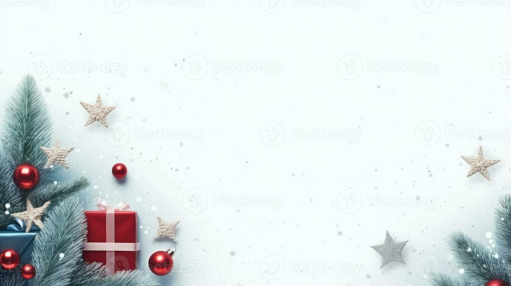 fröhlich Weihnachten Baum, rot Geschenk Kasten, Bälle, Schnee, Weihnachten Dekoration, Neu Jahr Banner, eben legen Weiß Hintergrund mit Kopieren Raum foto