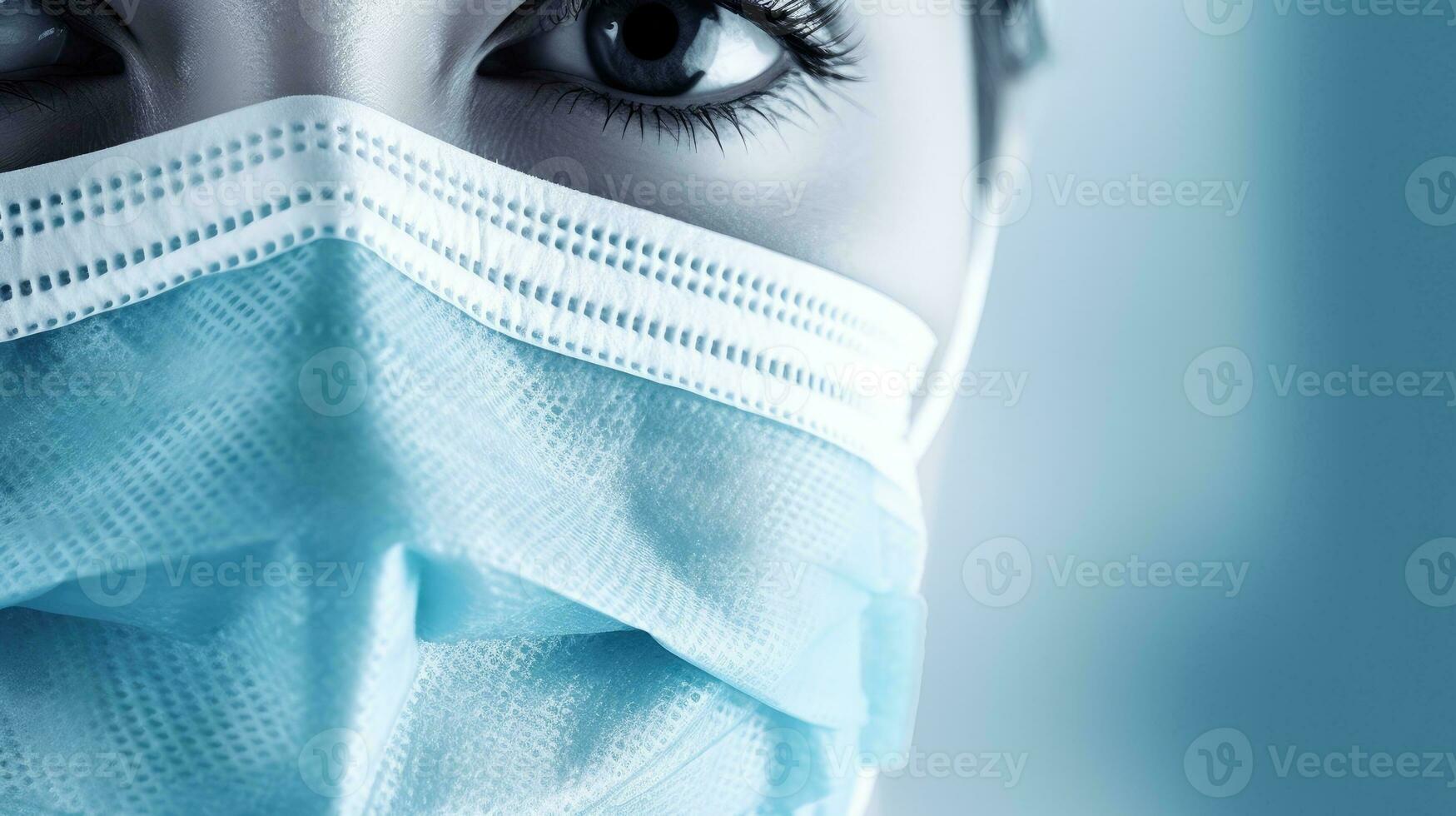 Gesicht von ein Arzt oder Krankenschwester tragen ein medizinisch chirurgisch Maske. generativ ai foto