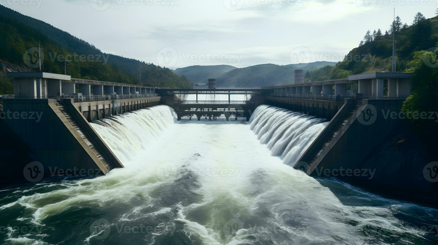 präsentieren das Synergie von Wasserkraft Damm und eilen Fluss im sauber Energie Generation ai generativ foto