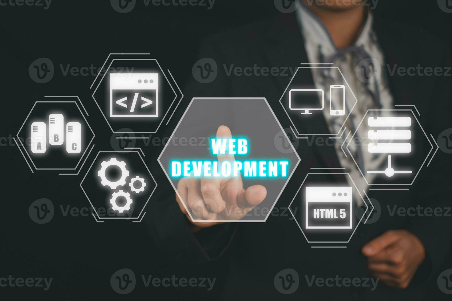 Netz Entwicklung Codierung Programmierung Internet Technologie Geschäft Konzept, Geschäft Frau Hand berühren Netz Entwicklung Symbol auf vr Bildschirm. foto