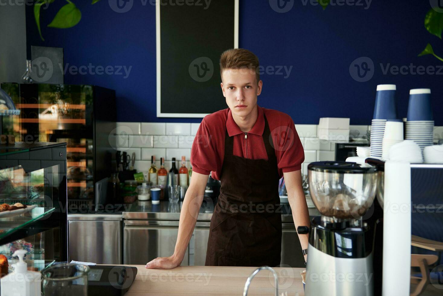 Fachmann Porträt von jung trainiert Barista hinter ein Bar Zähler im Kaffee Geschäft. klein Geschäft, Essen und trinken Geschäft Konzepte foto