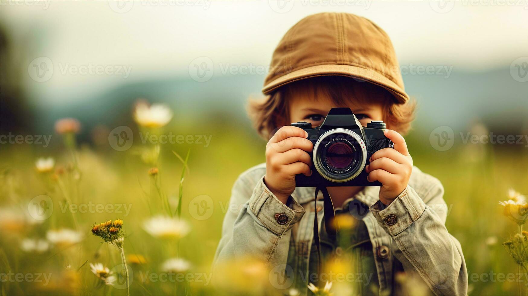 Kind mit ein Kamera, Erfassen Momente, ein Knospung Fotograf mit ein Auge zum Detail. generativ ai foto