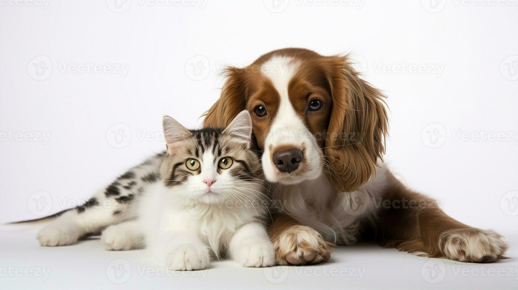 Hund und Katze zusammen, Haustier auf Weiß Hintergrund. generativ ai foto