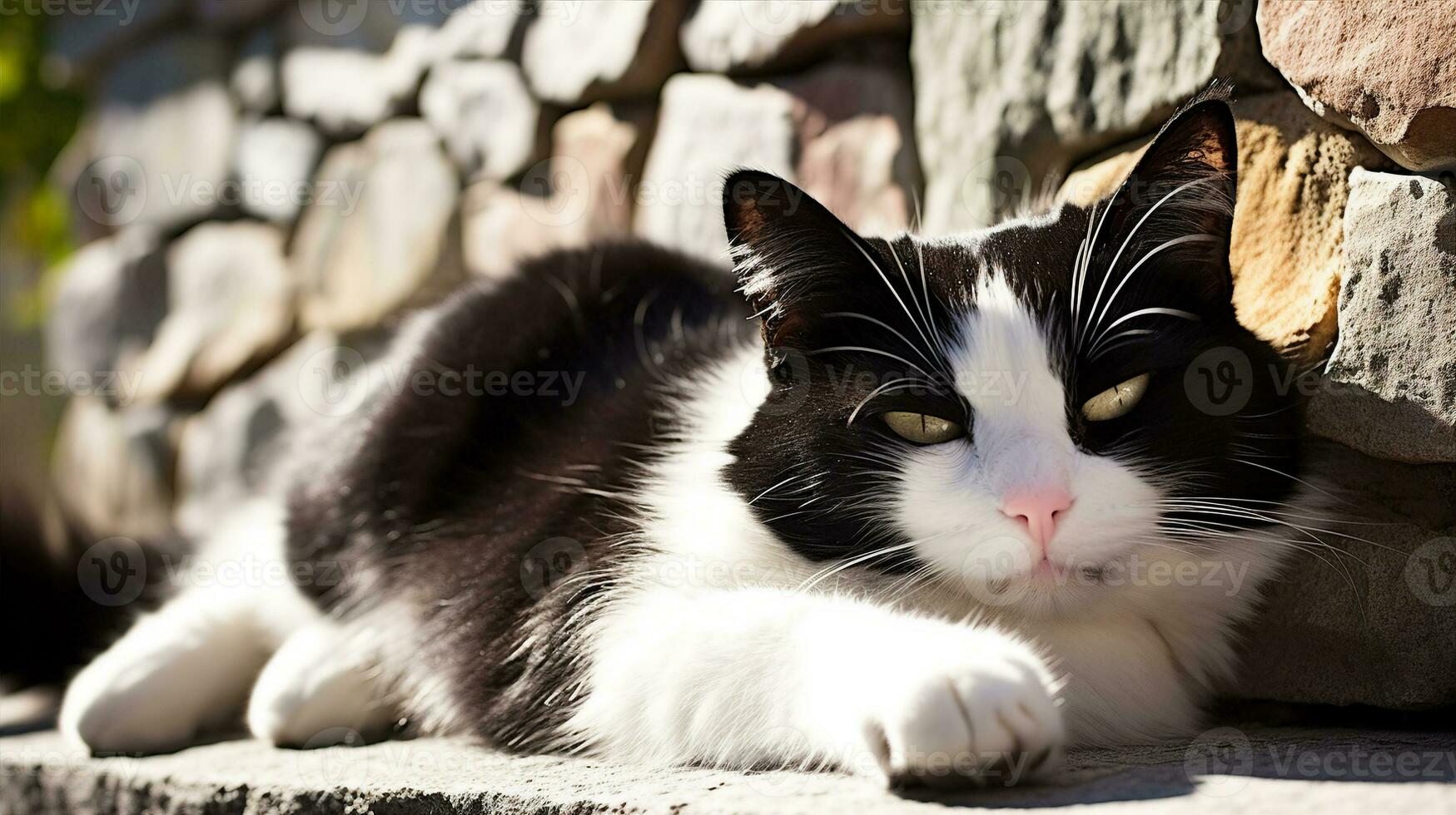schwarz und Weiß Smoking Katze faulenzen träge auf ein Stein Wand, aalen im das spät Nachmittag Sonne. generativ ai foto