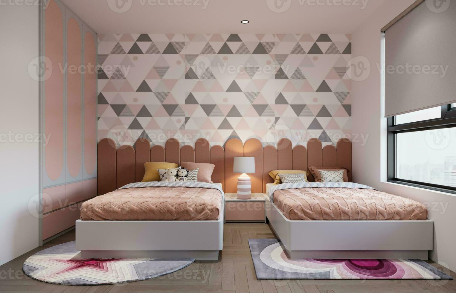 tolle Farbe Kombination von Pop Farbe im ein skandinavisch Schlafzimmer, mit rosa Bett, Mauer Gemälde und ein Fenster 3d Rendern foto