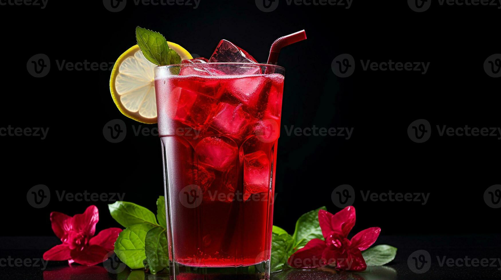 Foto von ein Hibiskus vereist Tee trinken isoliert auf dunkel Hintergrund. generativ ai