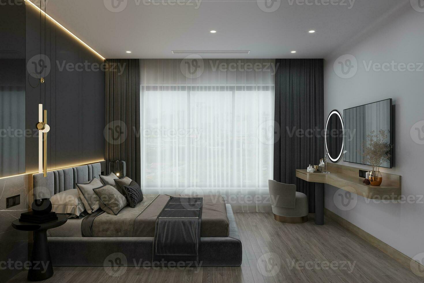 ein groß Fenster mit ein Weiß und schwarz Vorhang Nächster zu ein stilvoll Bett. Tageslicht, LED Beleuchtung, 3d Illustration 3d Rendern foto