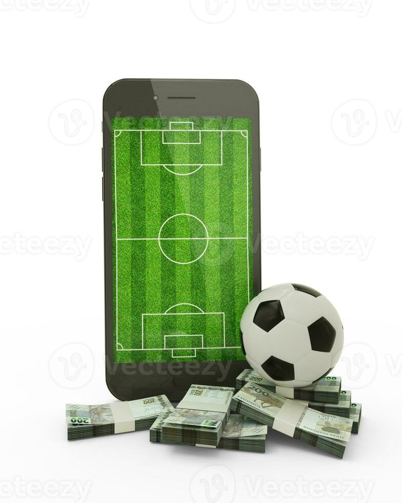 3d Rendern von ein Handy, Mobiltelefon Telefon mit Fußball Feld auf Bildschirm, Fußball Ball und Stapel von Brasilianer Rial Anmerkungen isoliert auf Weiß Hintergrund. foto