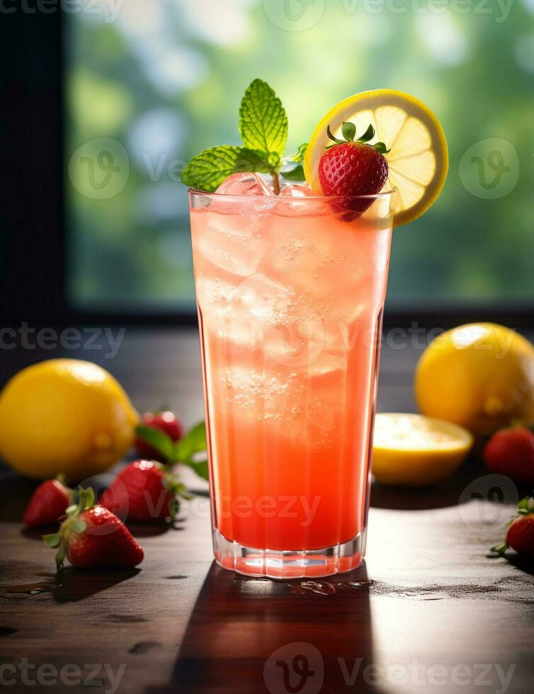 Foto von etwas Erdbeere Limonade trinken elegant plattiert auf ein Tisch. generativ ai
