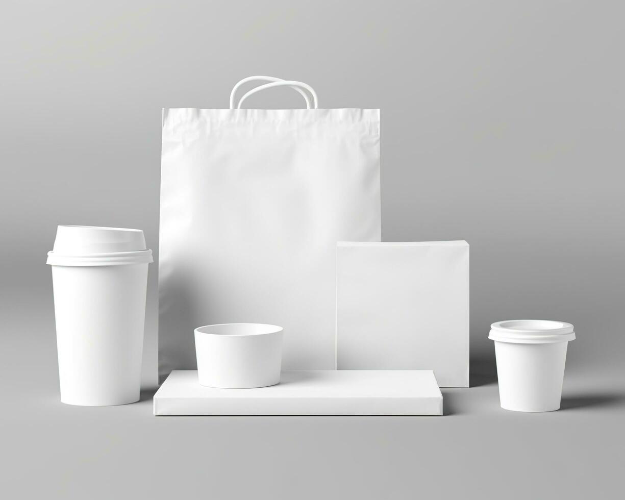 leer Tasche, Kaffee Becher, und Tasse auf ein Licht Hintergrund. generativ ai foto