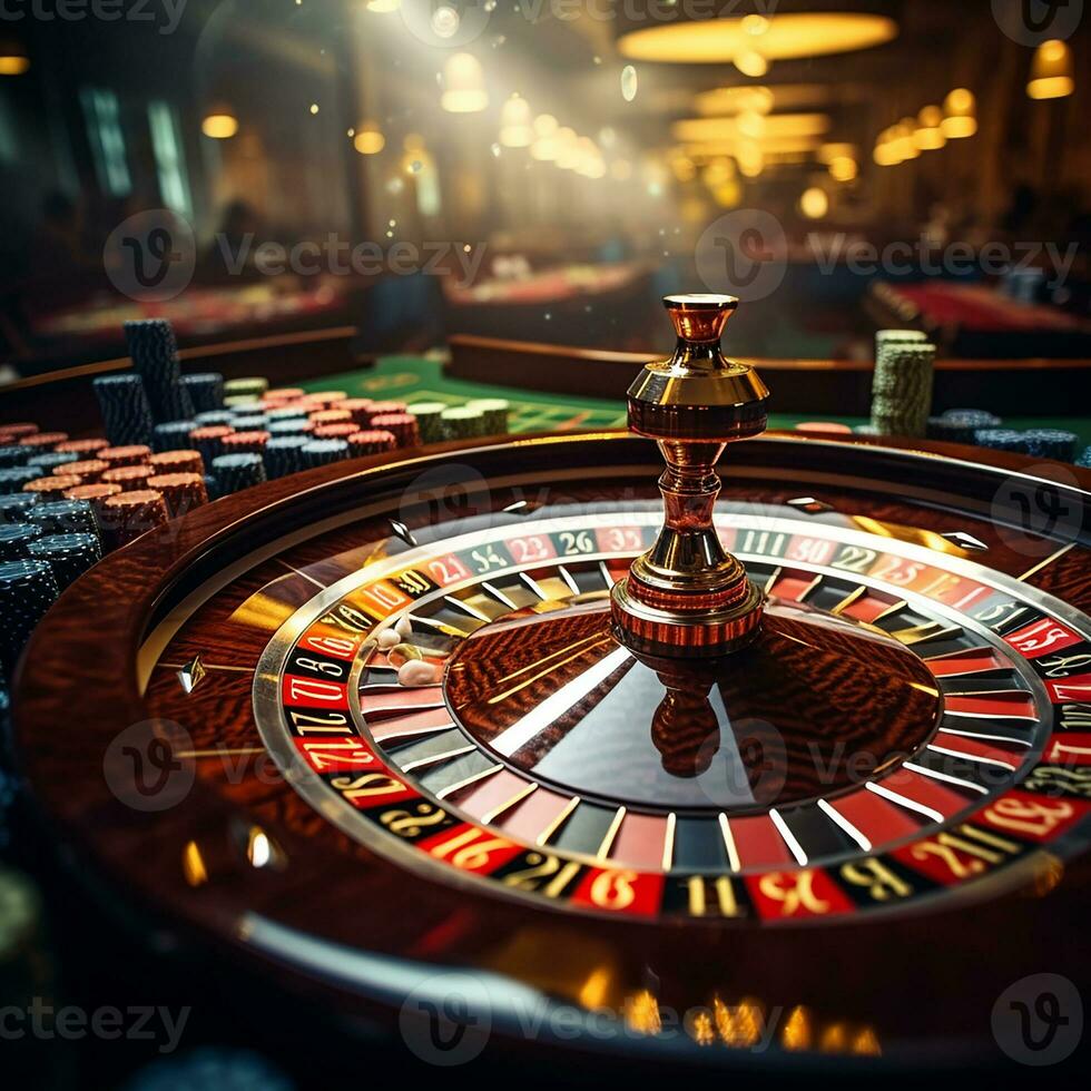 Glücksspiel im ein Kasino. Roulette, Roulette Chips, Karte Tisch. ai generiert foto