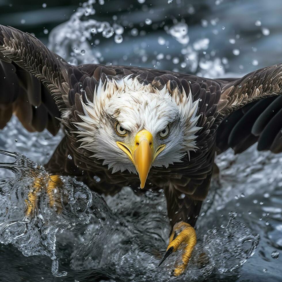 Angeln kahl Adler, ein kahl Adler gegenüber Kamera fängt ein Fisch aus von das Wasser, im das Stil von National geografisch Wettbewerb Gewinner, Super Tele schließen hoch. ai generativ foto