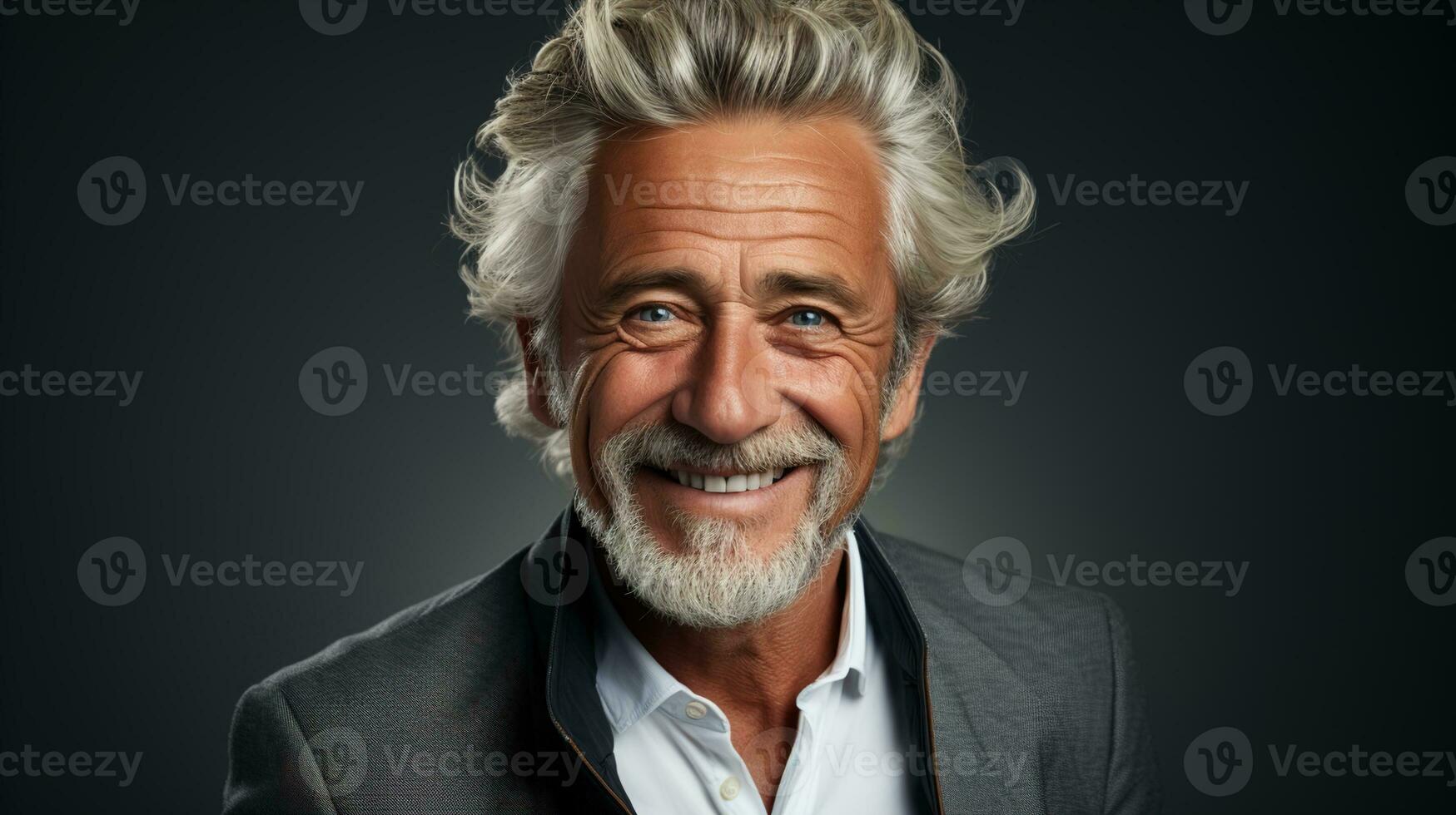 gut aussehend Senior männlich im seine 50er Jahre oder 60er Jahre mit grau Haar Lachen und lächelnd gegen ein dunkel Hintergrund, Umarmen Glück und Vertrauen im glücklich Ruhestand, ai generativ foto