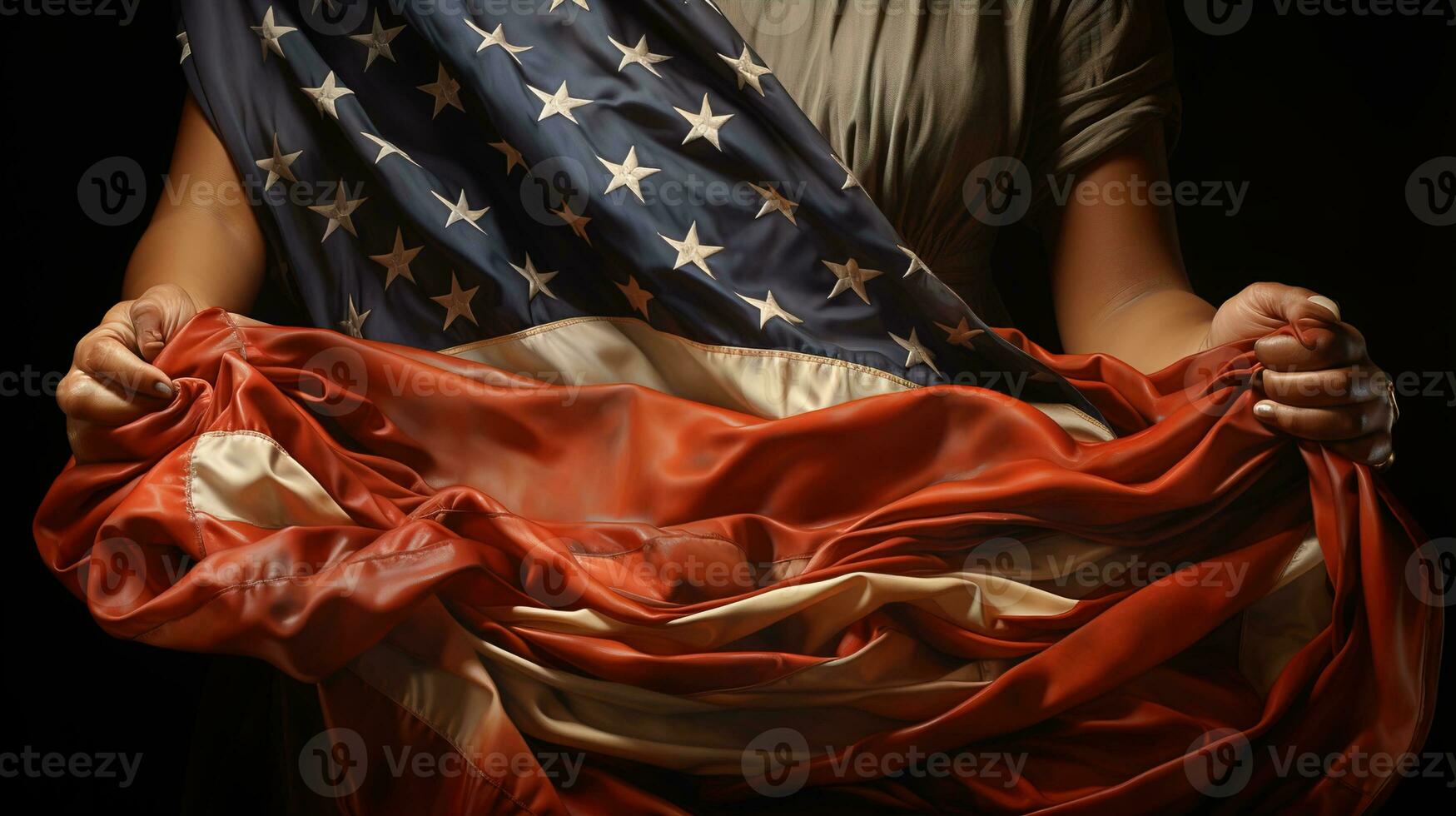 amerikanisch Stolz auf Anzeige, Menschen halten das National Flagge auf das 4 .. von Juli, USA Unabhängigkeit Tag, ai generativ foto