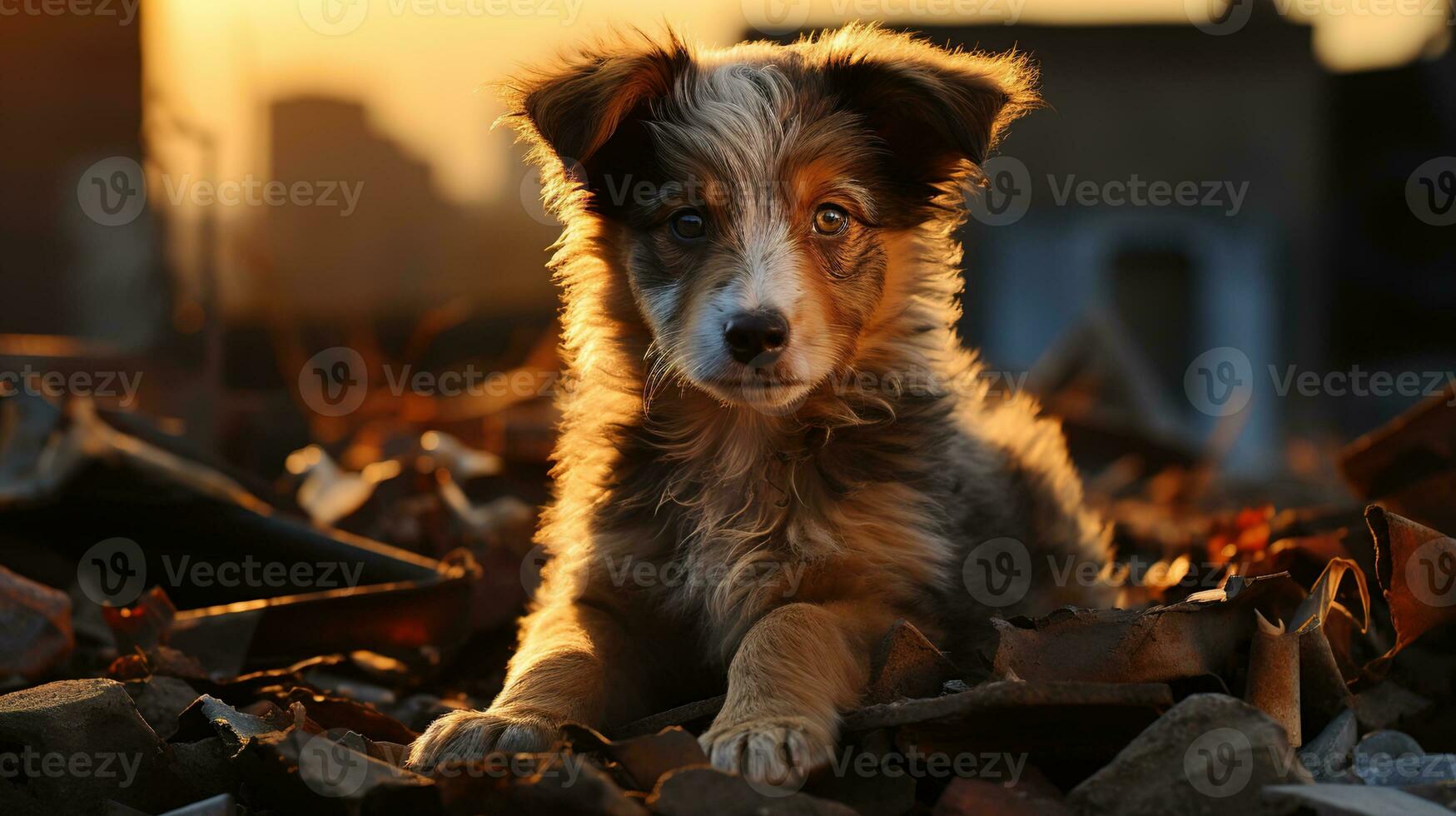 streunend Hündchen auf ein beschädigt Straße im Nachmittag Licht - - ein mächtig Bild zum Tier Rechte Interessenvertretung, streunend Hund, ai generativ foto