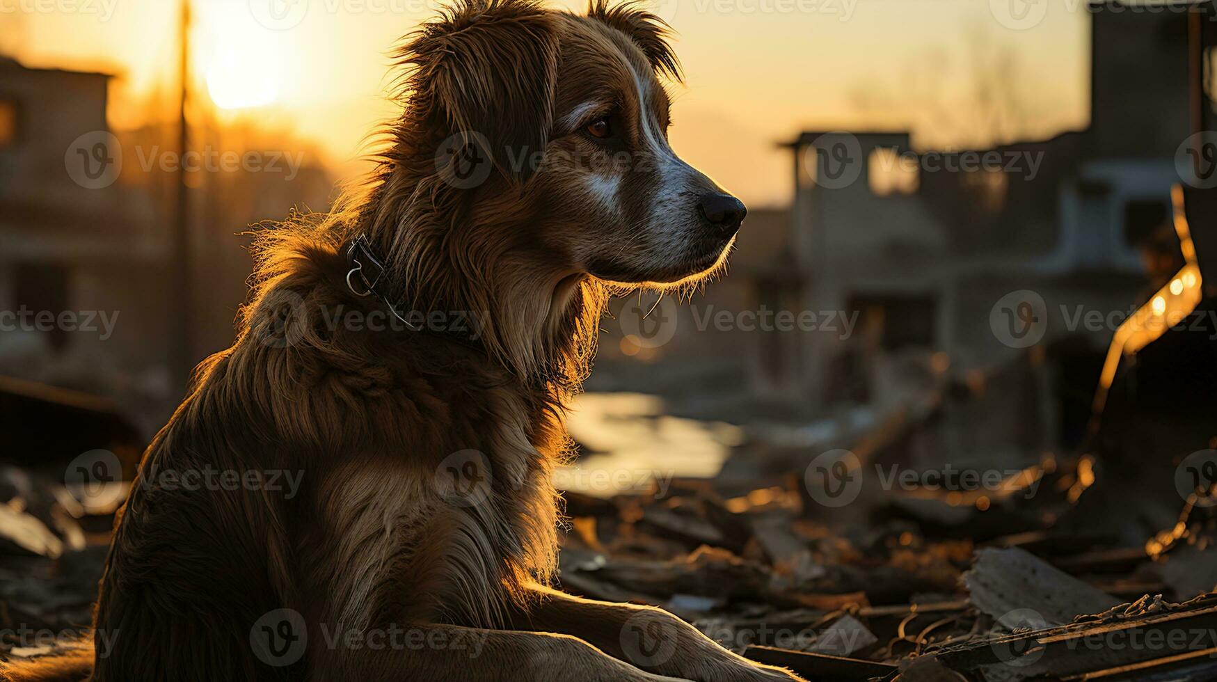 streunend Hund auf ein beschädigt Straße im Nachmittag Licht - - ein mächtig Bild zum Tier Rechte Interessenvertretung, ai generativ foto