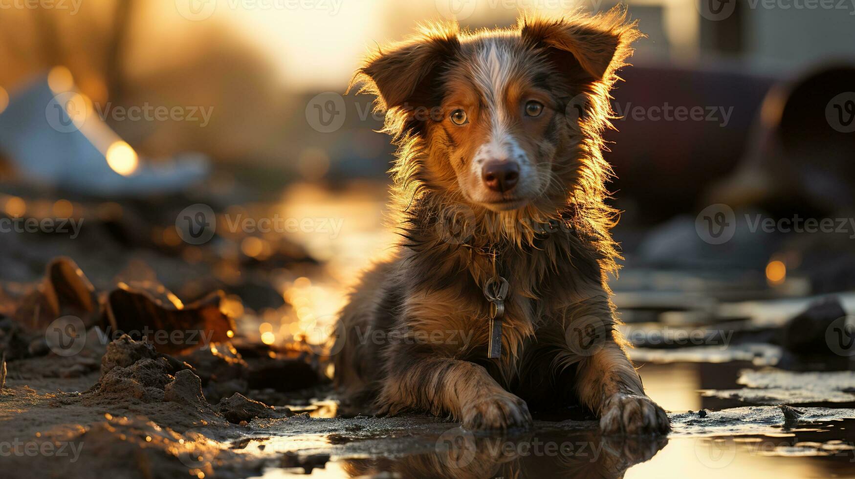 streunend Hündchen auf ein beschädigt Straße im Nachmittag Licht - - ein mächtig Bild zum Tier Rechte Interessenvertretung, streunend Hund, ai generativ foto