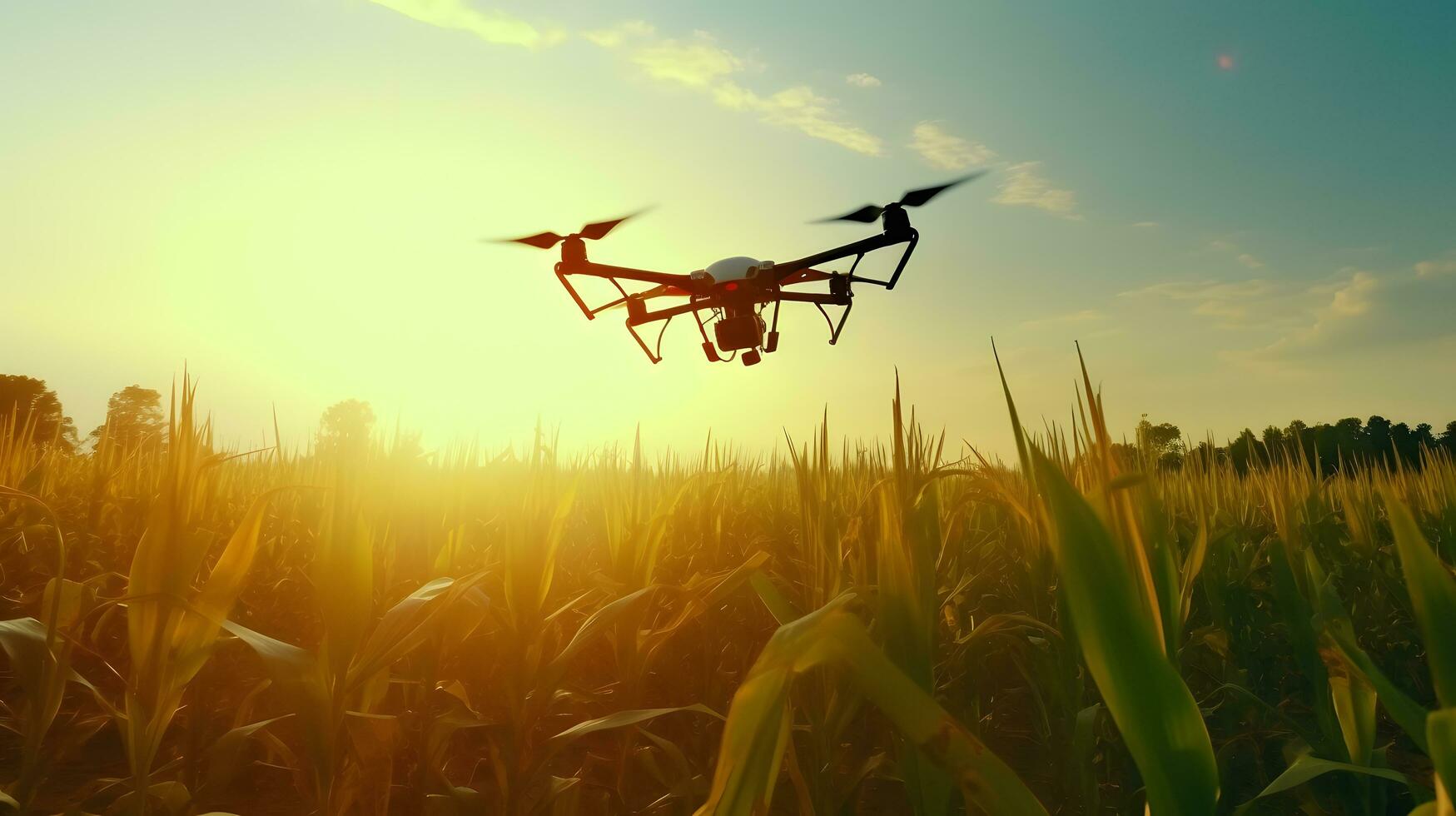 Drohne fliegend auf Mais Plantage Feld beim Sonnenaufgang Hintergrund. Digital Technologie Clever Bauernhof Konzept. generativ ai foto