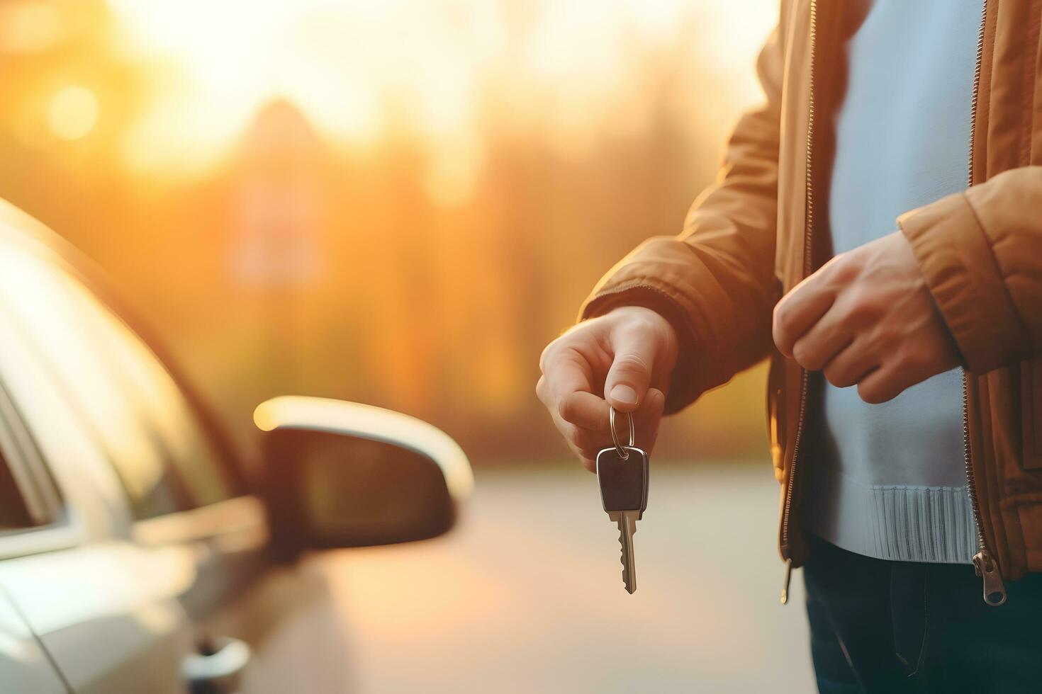 Mann halten Auto Schlüssel mit Auto auf Hintergrund. generativ ai foto