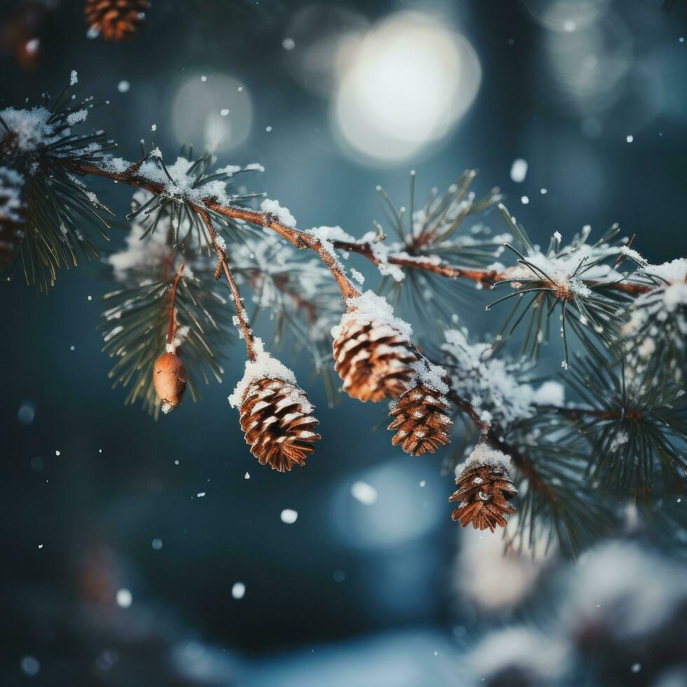 schneebedeckt Kiefer Baum Geäst mit verschwommen Beleuchtung foto