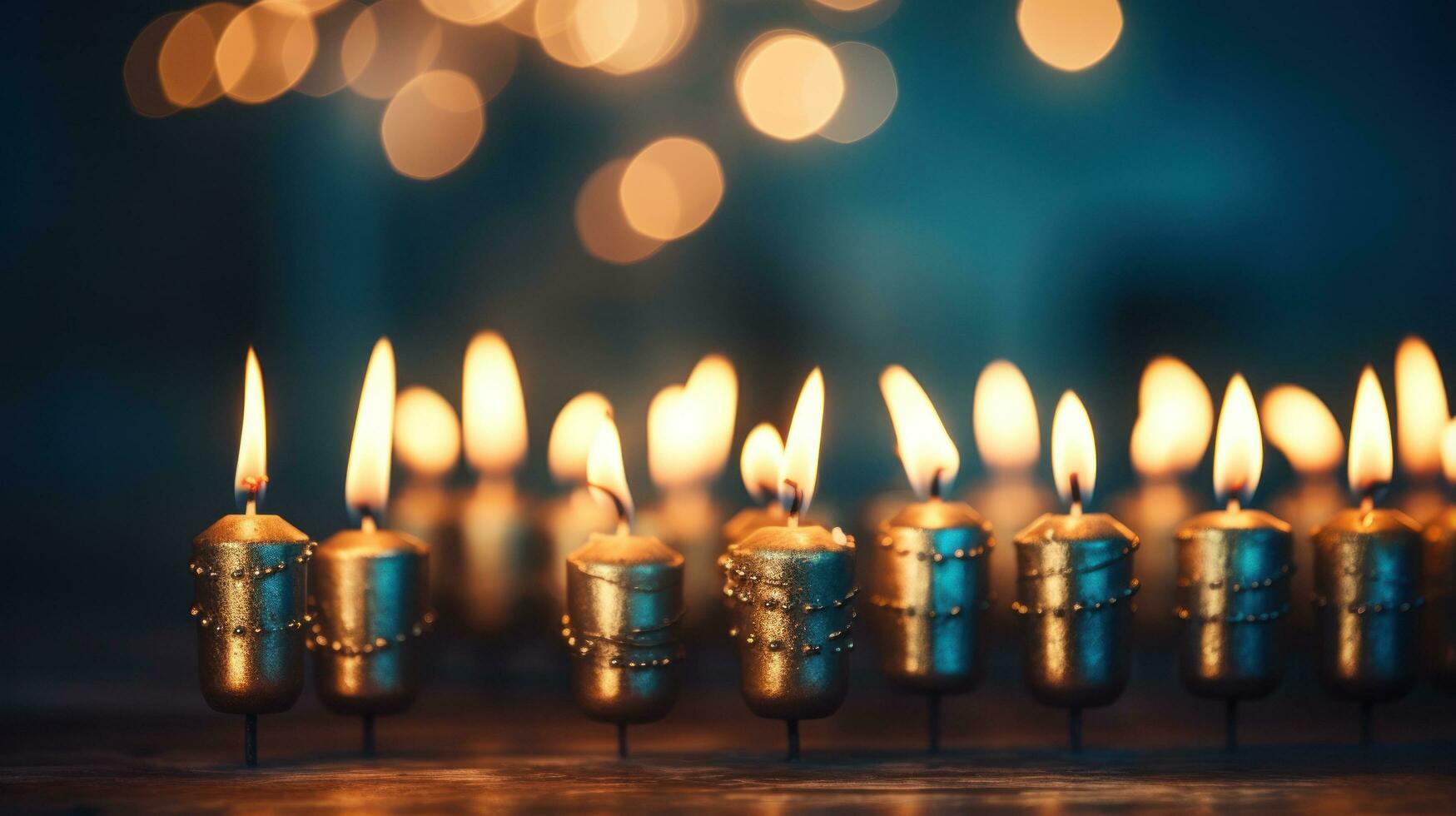 glühend Kerzen im ein verschwommen Menora foto