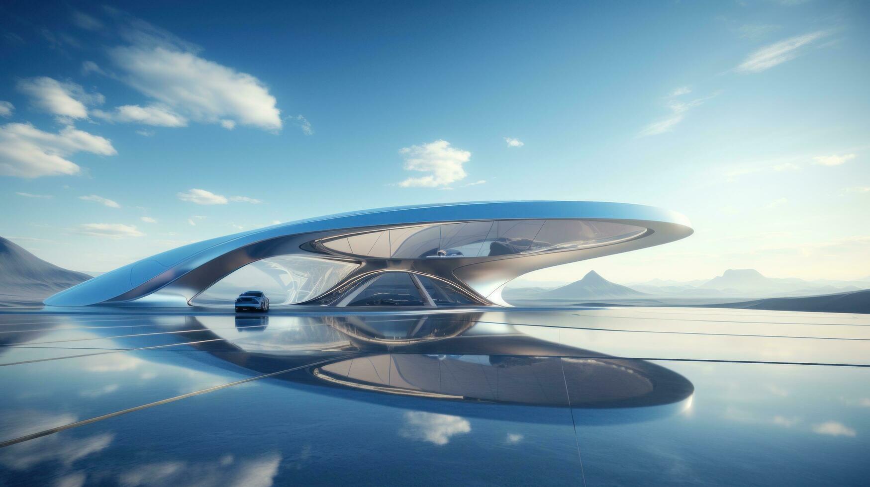 visualisieren futuristisch die Architektur mit ein abstrakt 3d machen prüfen aus diese 3d machen von ein atemberaubend futuristisch Glas die Architektur. das Beton Fußboden ist links leer, Verlassen viel zu das Phantasie foto