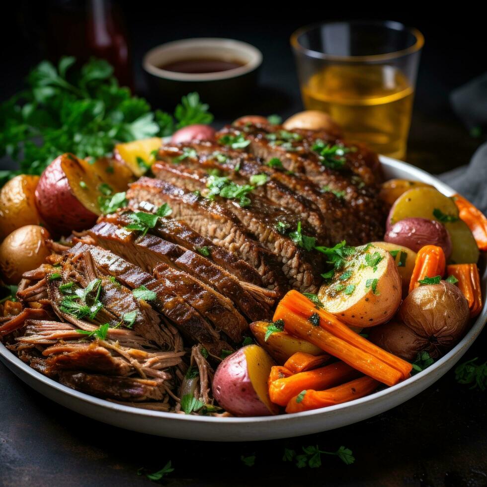 klassisch Rindfleisch Topf braten mit Möhren, Zwiebeln, und Soße foto