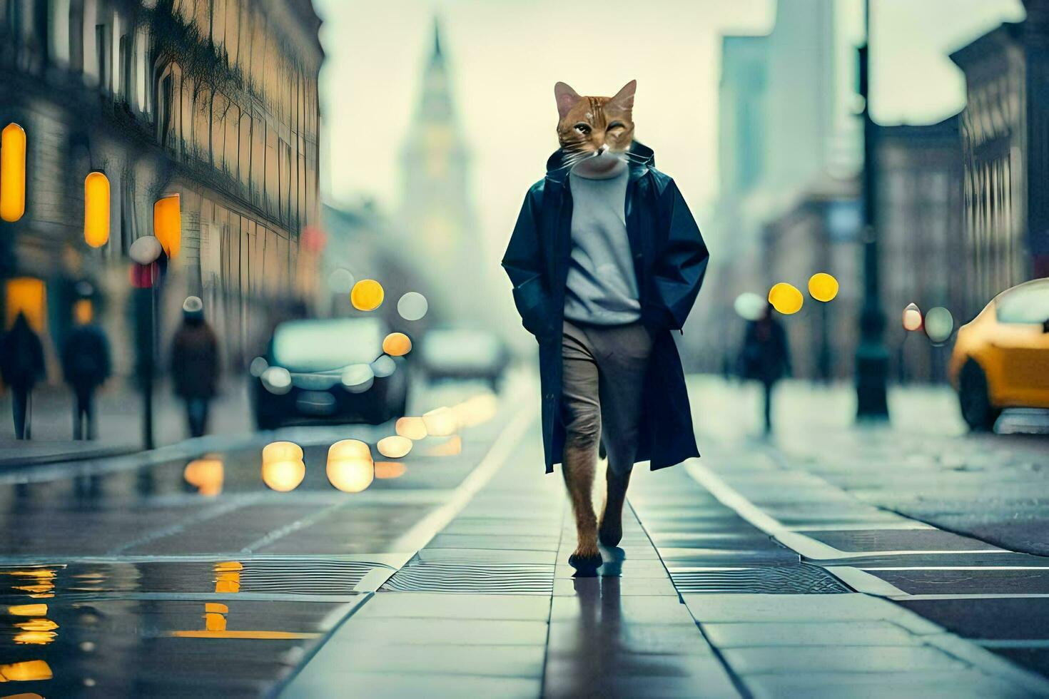 ein Katze tragen ein Mantel und Gehen Nieder ein Stadt Straße. KI-generiert foto