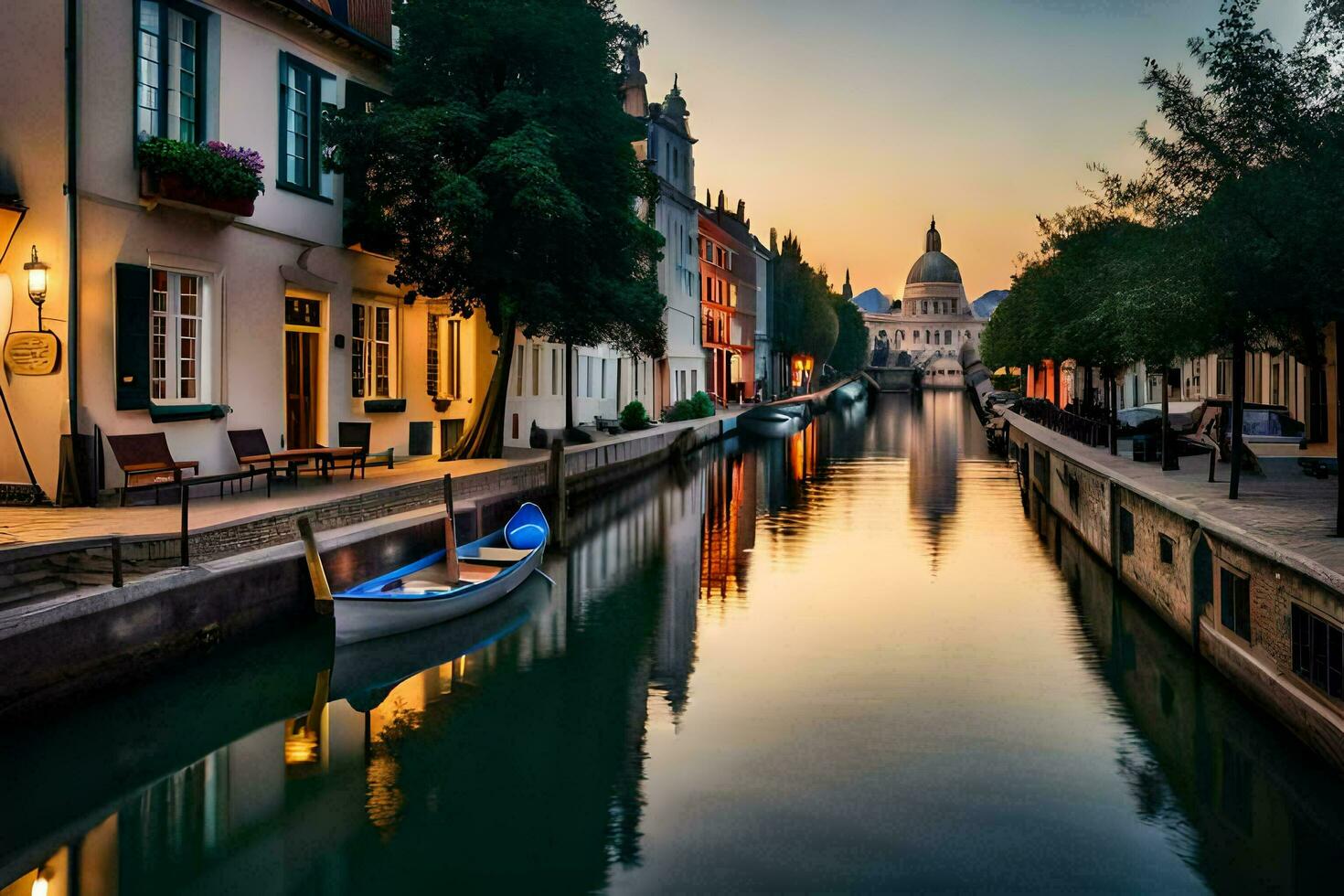 ein Kanal im das Mitte von ein Stadt beim Sonnenuntergang. KI-generiert foto