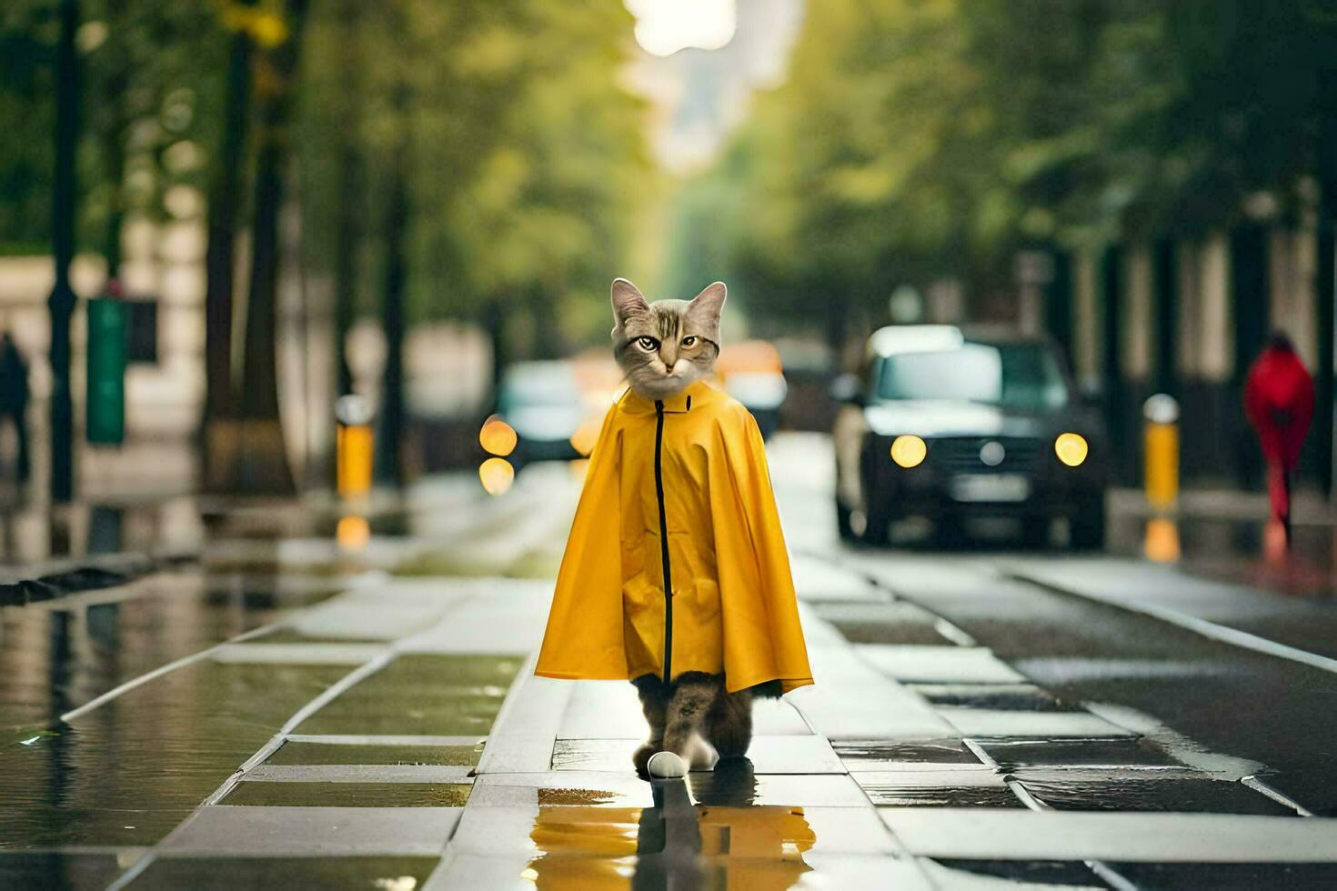 ein Katze im ein Gelb Regenjacke Gehen Nieder ein Straße. KI-generiert foto