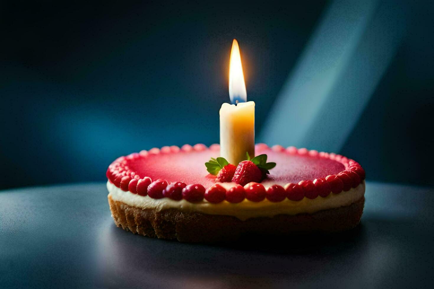 ein Single Kerze ist zündete auf ein Erdbeere Kuchen. KI-generiert foto