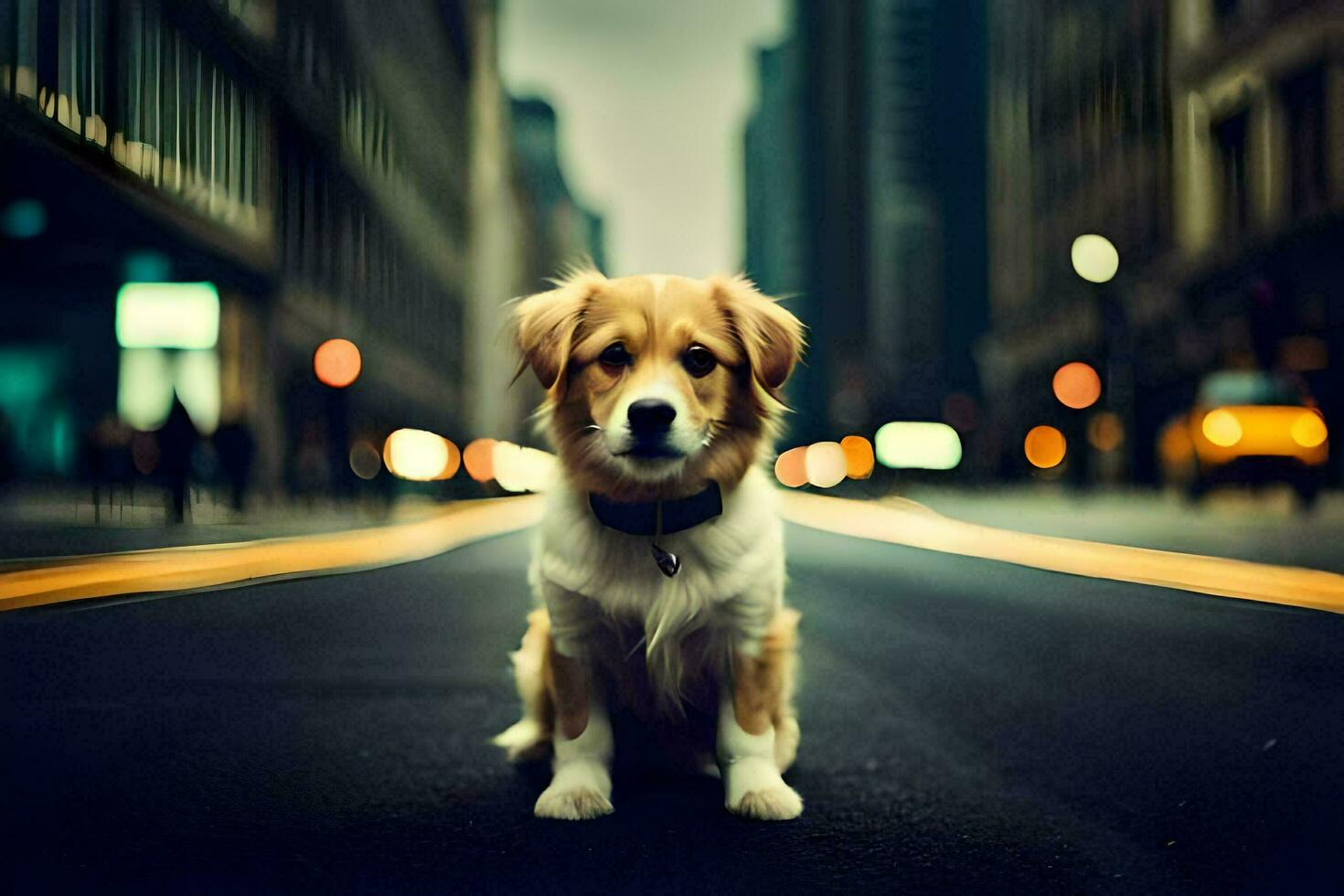 ein Hund Sitzung auf das Straße im das Stadt. KI-generiert foto