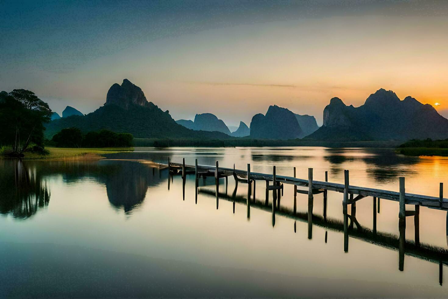 das Sonne setzt Über ein See und Berge im China. KI-generiert foto