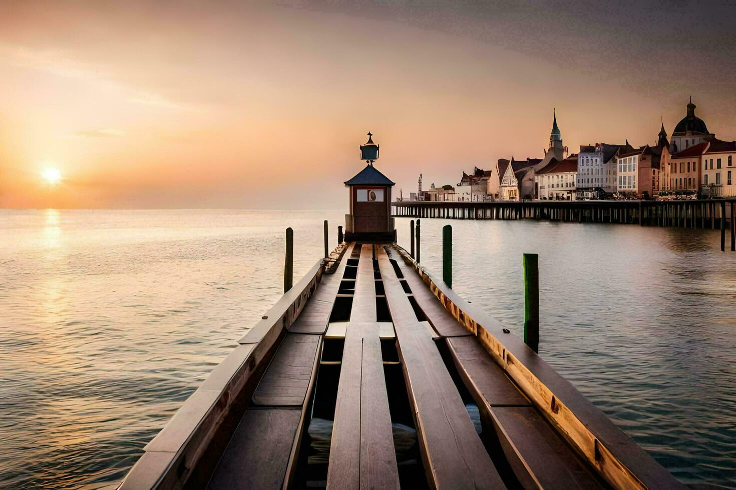 ein Seebrücke mit ein Leuchtturm beim Sonnenuntergang. KI-generiert foto