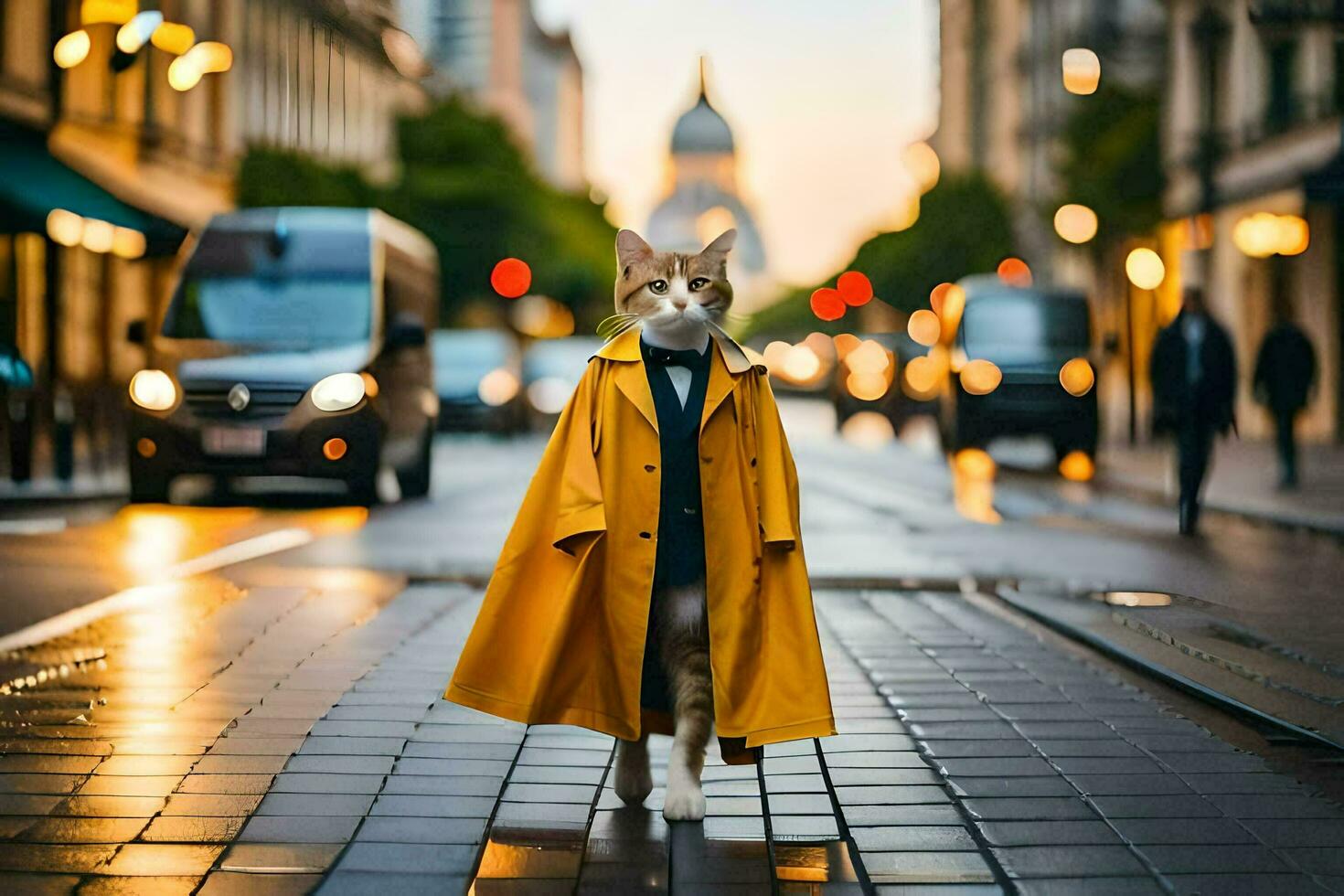 ein Katze im ein Gelb Mantel Gehen Nieder ein Straße. KI-generiert foto