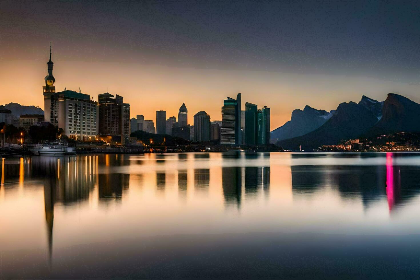 das Stadt Horizont ist reflektiert im das Wasser beim Sonnenuntergang. KI-generiert foto