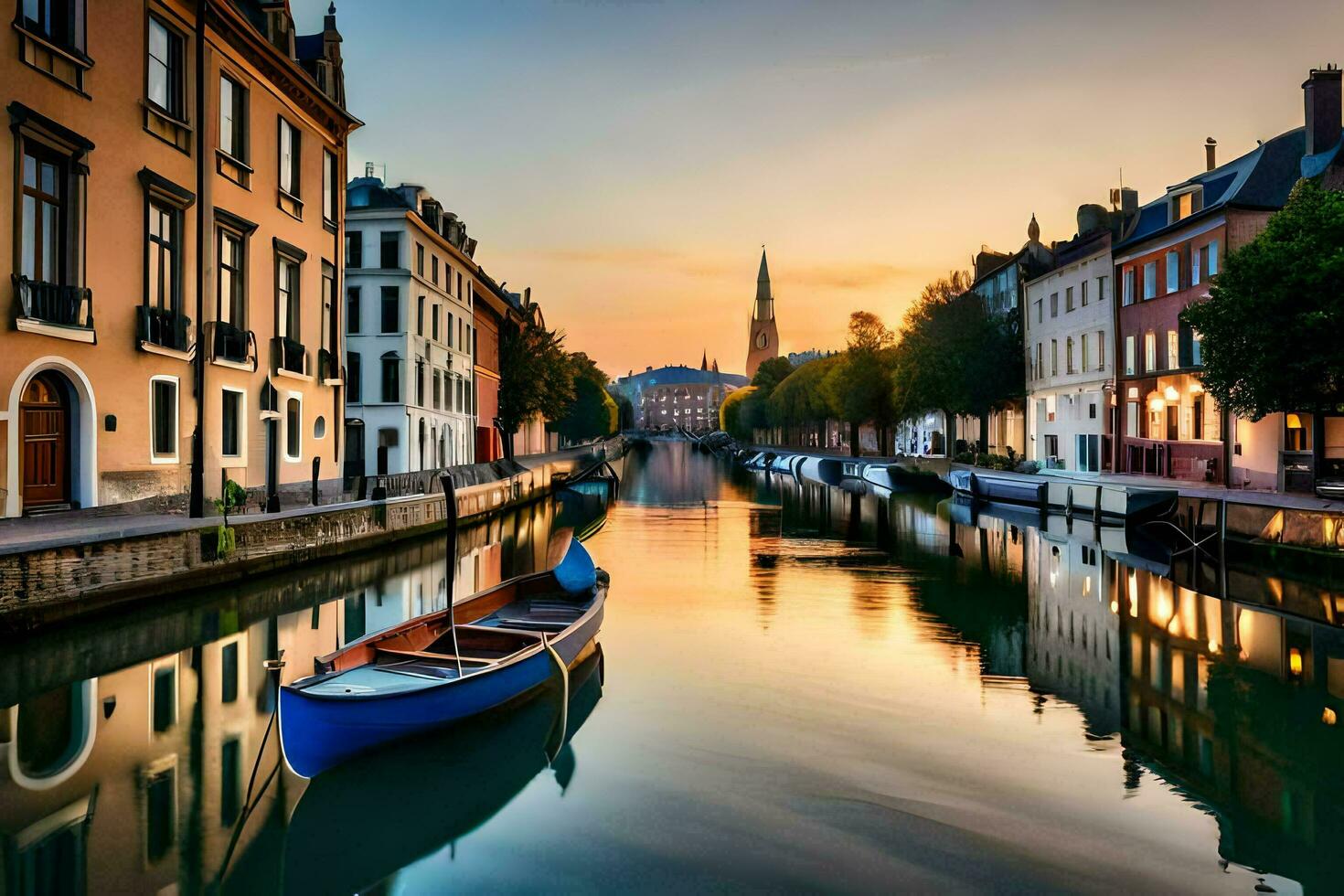 ein Boot ist Sitzung auf das Wasser im ein Kanal beim Sonnenuntergang. KI-generiert foto