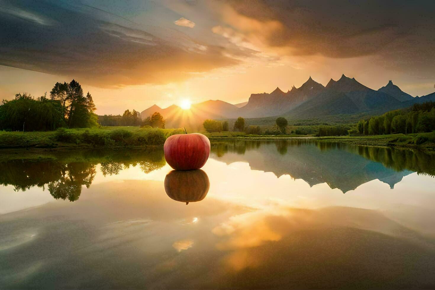 ein Apfel ist Sitzung auf das Wasser mit Berge im das Hintergrund. KI-generiert foto