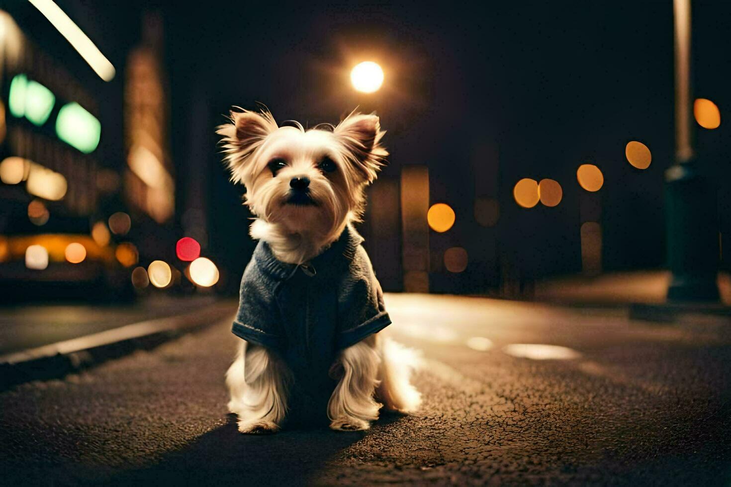 ein klein Hund Sitzung auf das Straße beim Nacht. KI-generiert foto