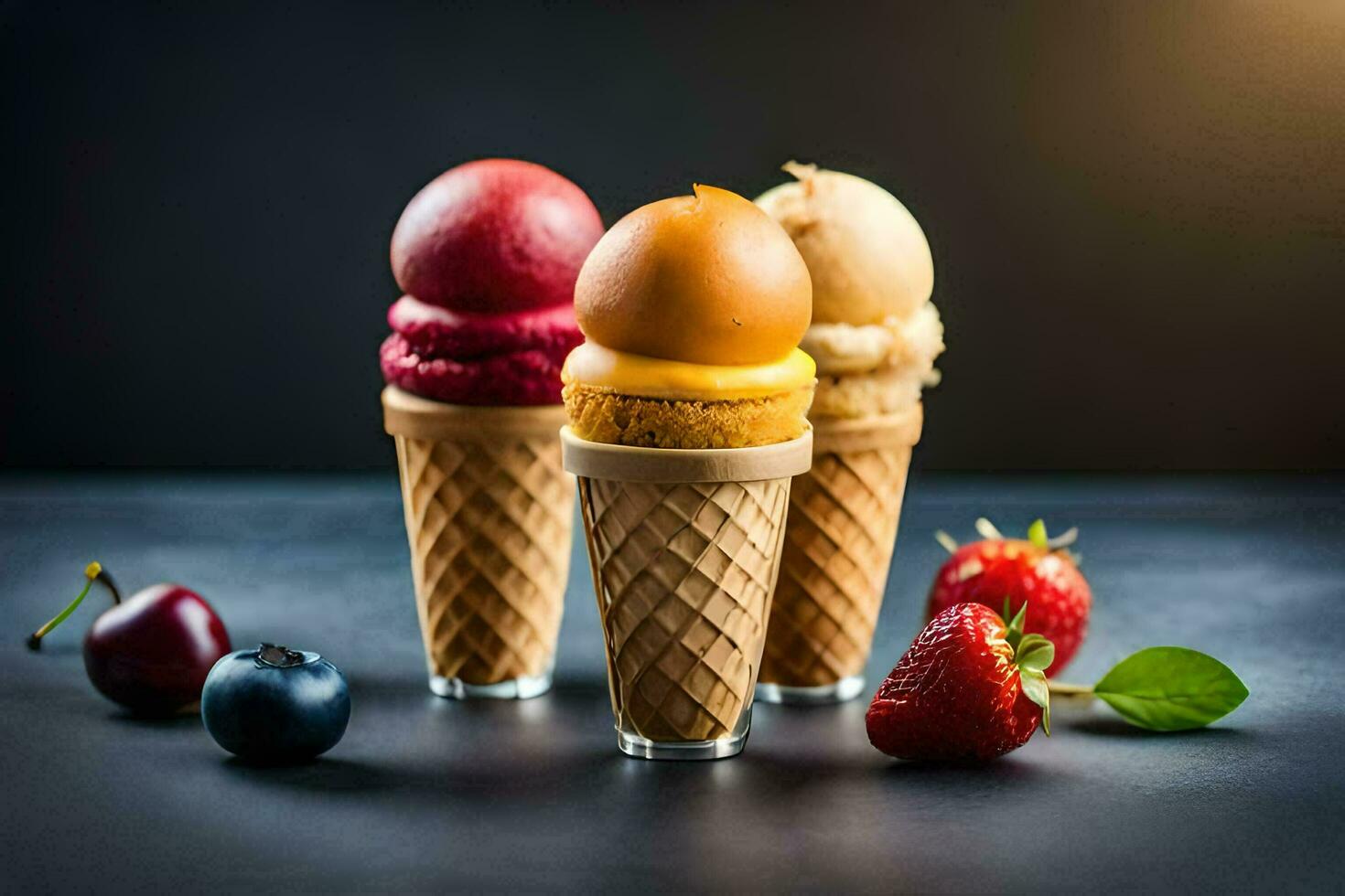 drei Eis Sahne Zapfen mit anders Aromen. KI-generiert foto