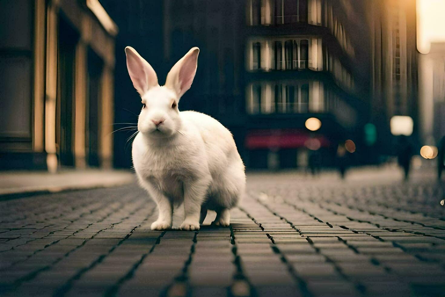 ein Weiß Hase ist Stehen auf ein Straße im Vorderseite von hoch Gebäude. KI-generiert foto