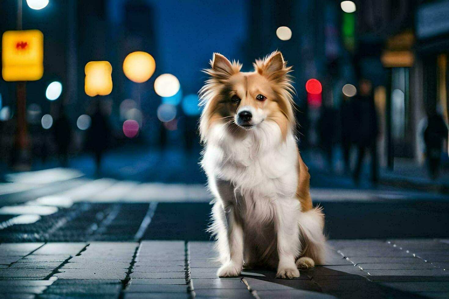 ein Hund Sitzung auf das Bürgersteig beim Nacht. KI-generiert foto