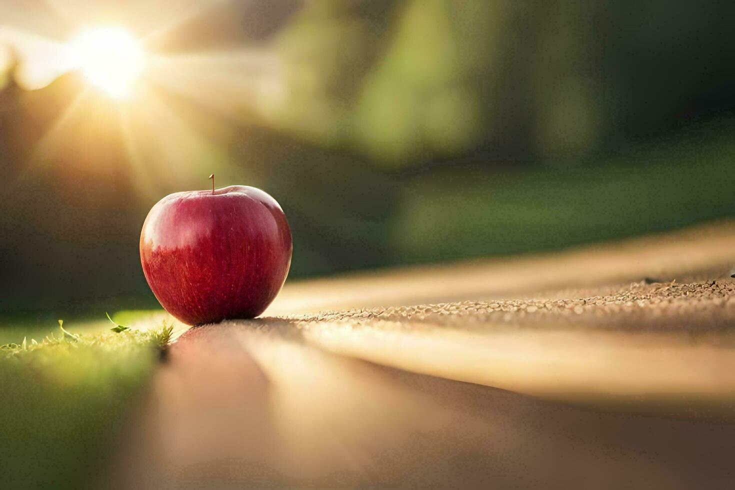 ein Apfel ist Sitzung auf das Boden im Vorderseite von das Sonne. KI-generiert foto