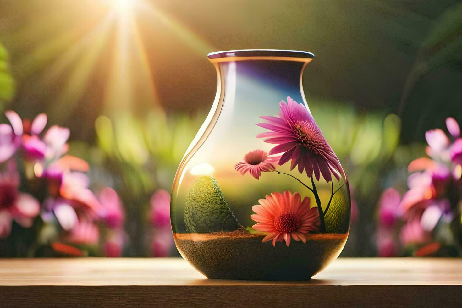 ein Vase mit Blumen im es auf ein Tisch. KI-generiert foto