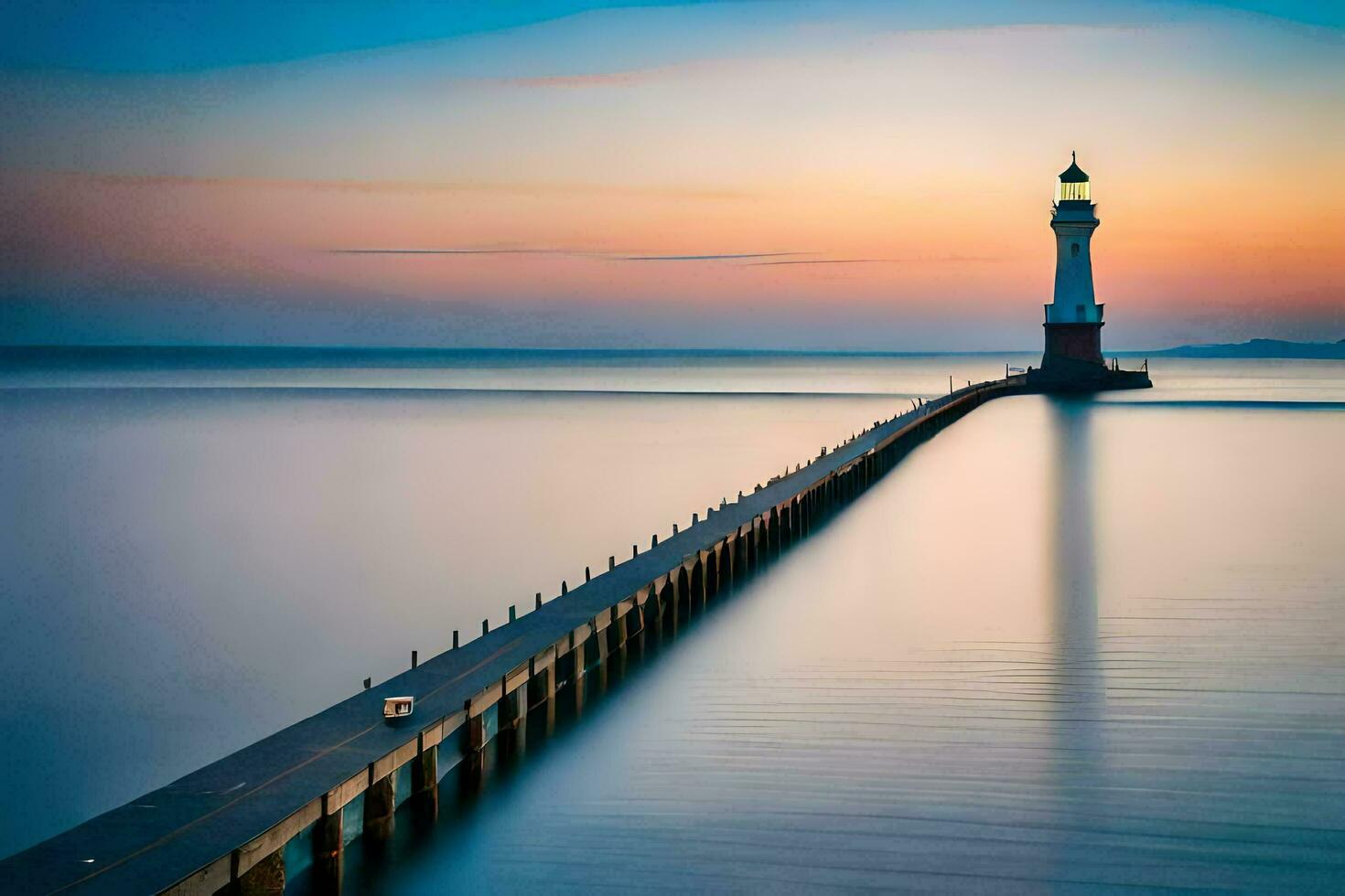 ein lange Exposition fotografieren von ein Leuchtturm beim Sonnenuntergang. KI-generiert foto