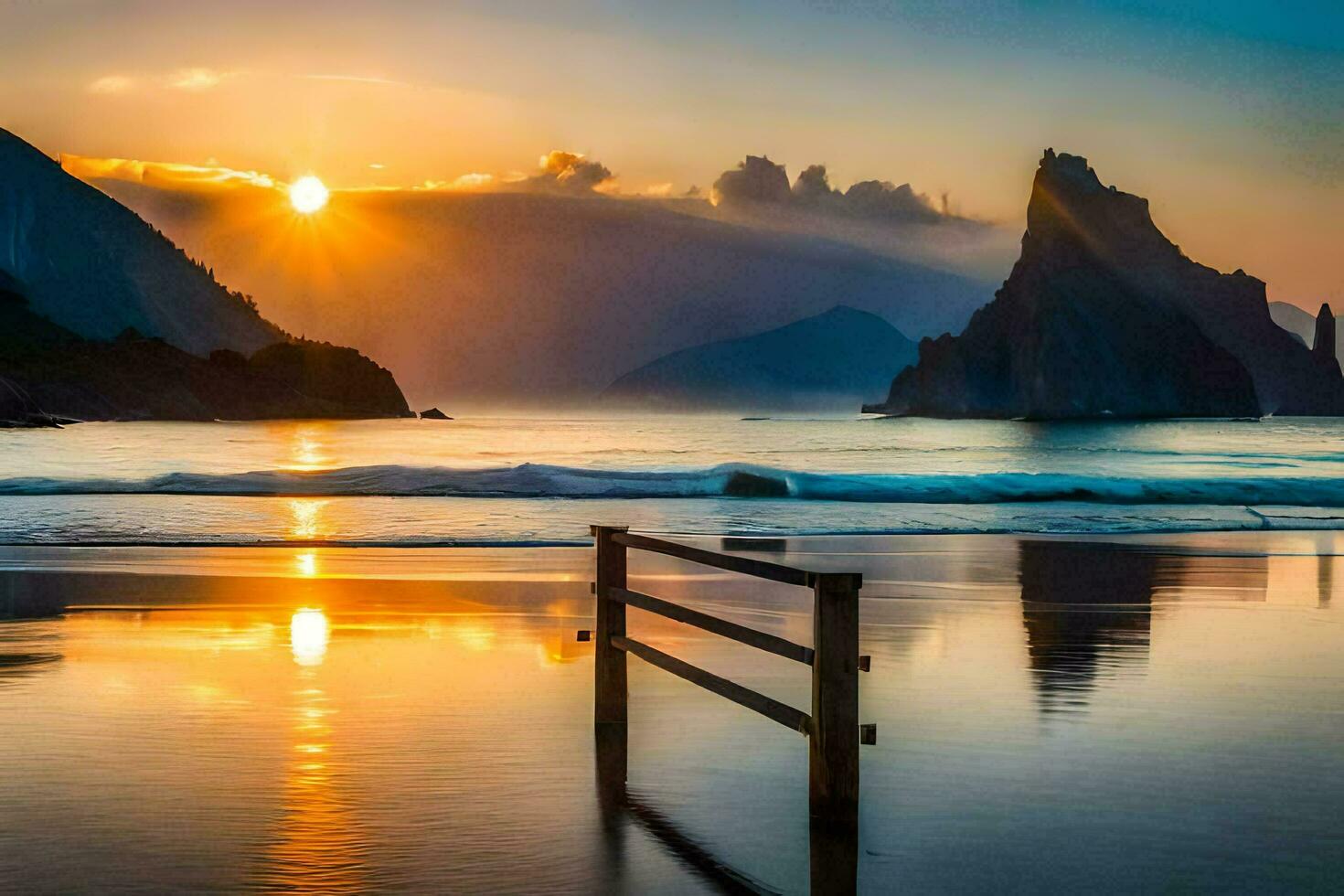 das Sonne setzt Über das Ozean und ein Strand. KI-generiert foto