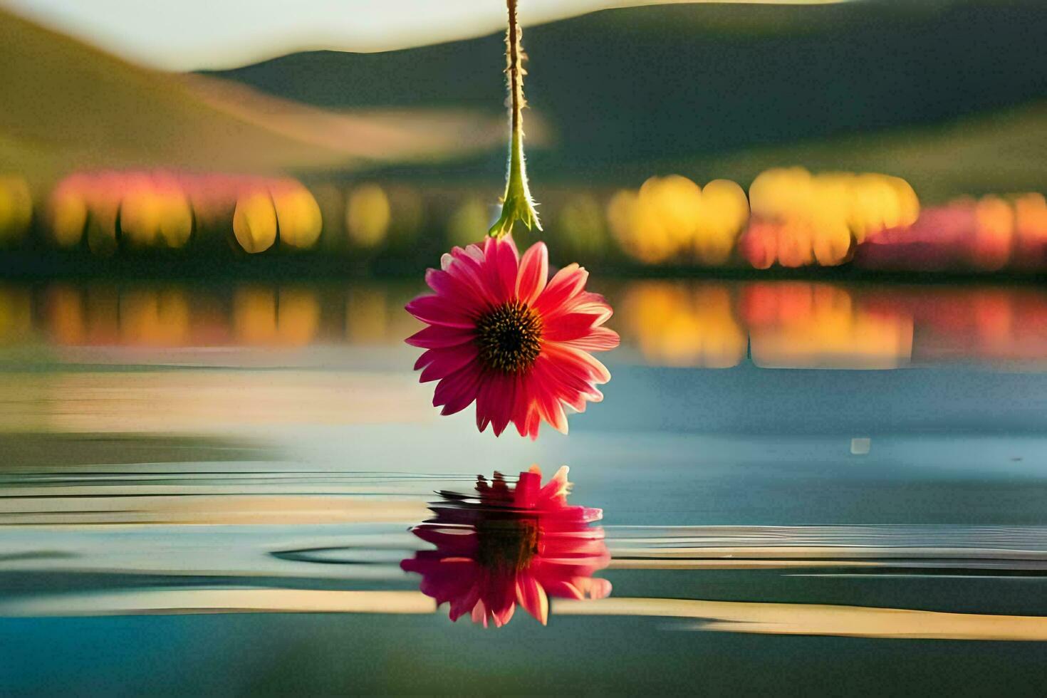 ein Rosa Blume hängend von ein Seil im das Wasser. KI-generiert foto