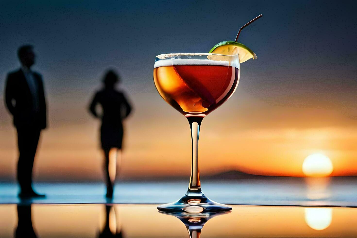 ein Cocktail Glas mit ein Sonnenuntergang im das Hintergrund. KI-generiert foto