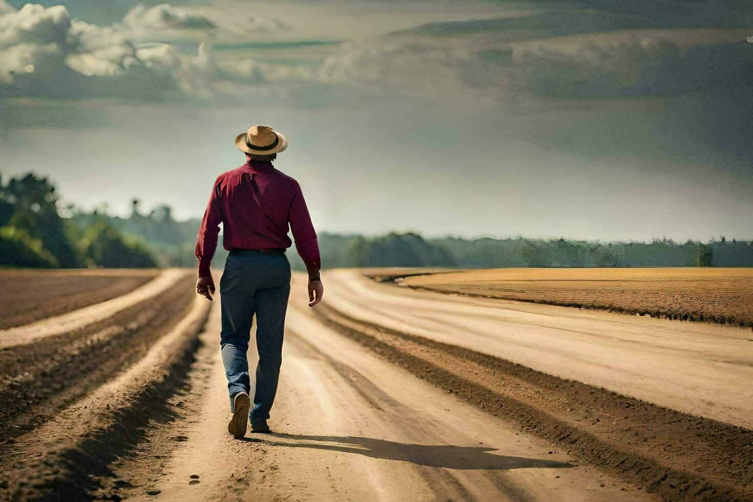 ein Mann im ein Hut Spaziergänge Nieder ein Schmutz Straße. KI-generiert foto