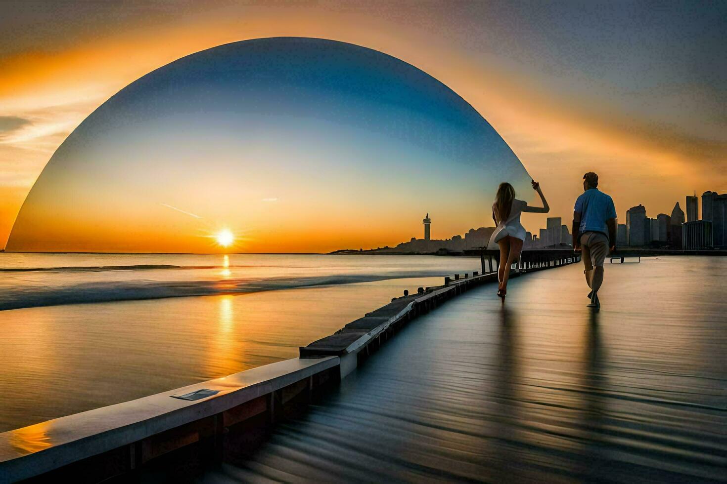 zwei Menschen gehen entlang das Strand beim Sonnenuntergang. KI-generiert foto